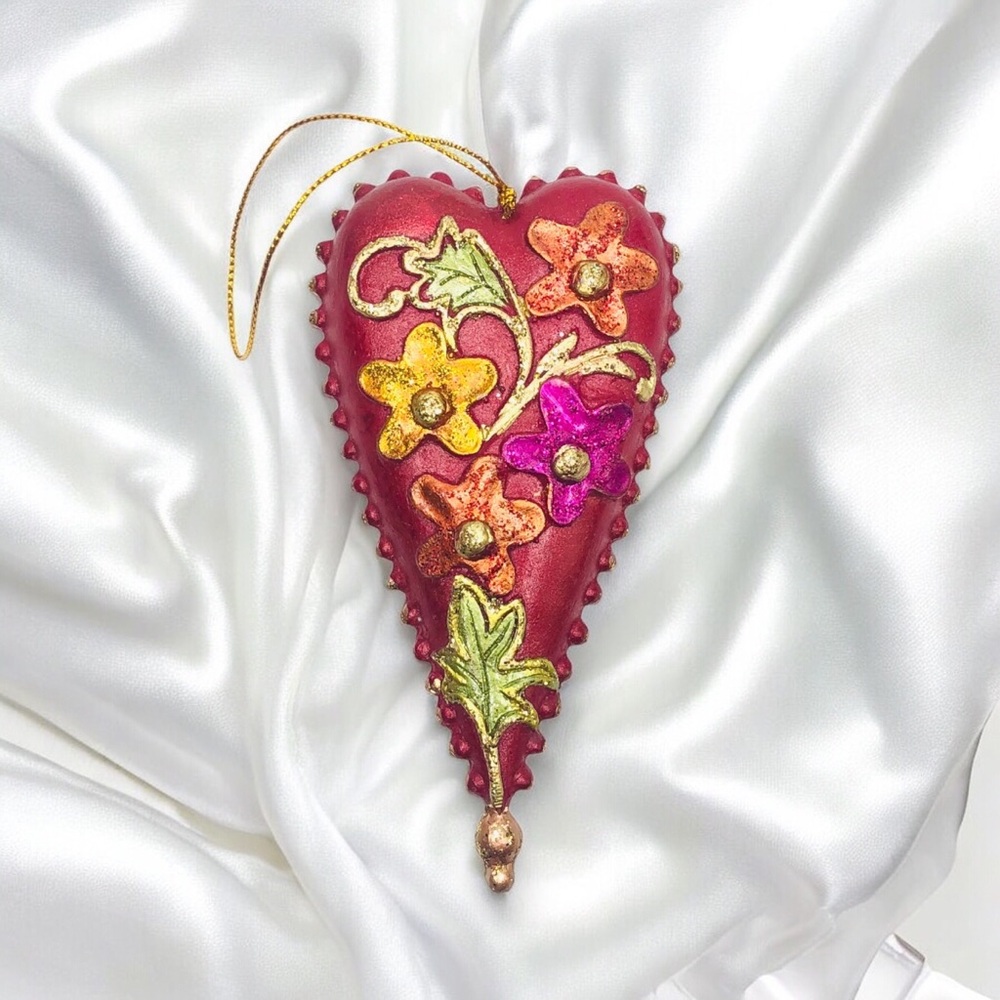 VTG Orange Red Heart Gold Glittery Christmas Ornament Flowers Floral lover gift